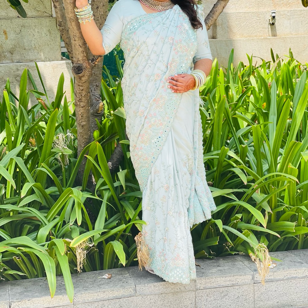Mint Blue Saree With Pre-Stitched Blouse Size 44